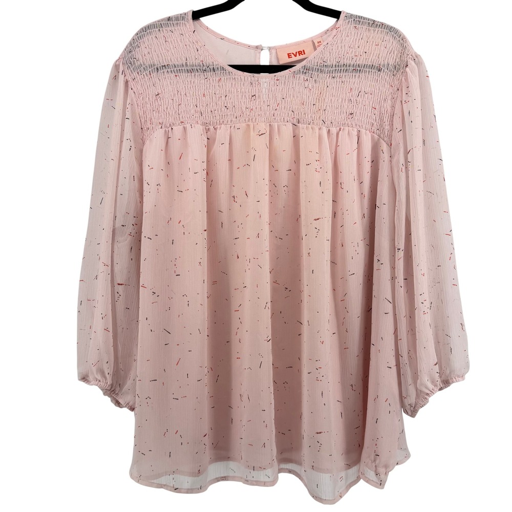 Evri Womens 3X Top Pink Abstract Dash Print Smocked Long Sleeve Blouse Sheer